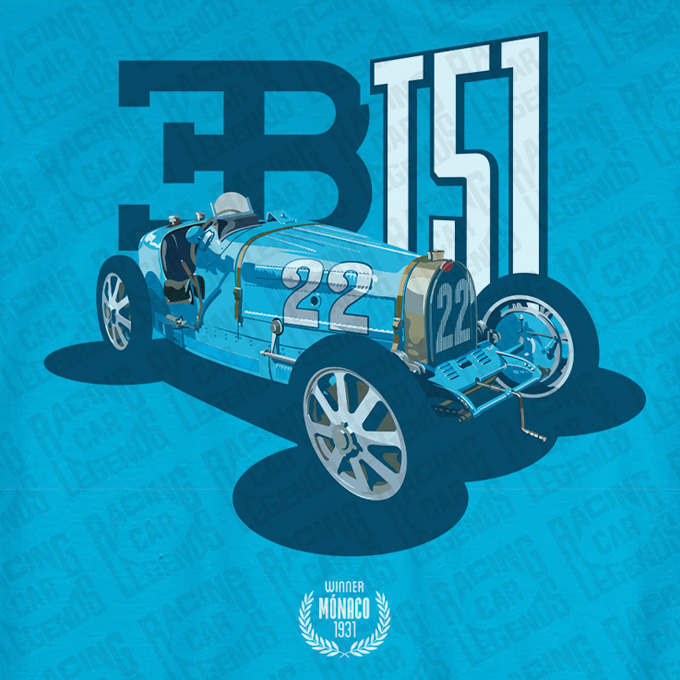 Camiseta Bugatti T51 de Louis Chiron de 1931 Azul detalle